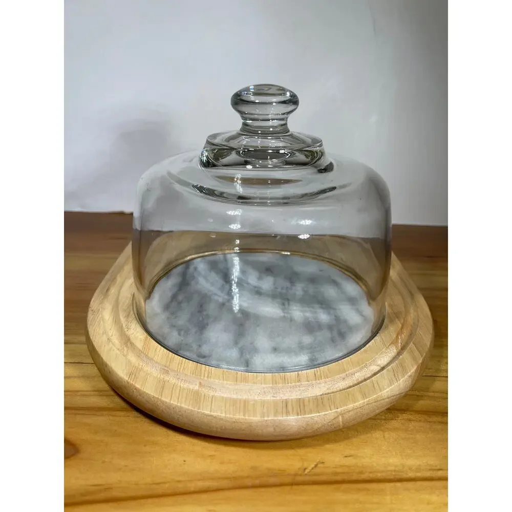 Vintage Teakwood Cheese Server with Glass Dome Marble Center
